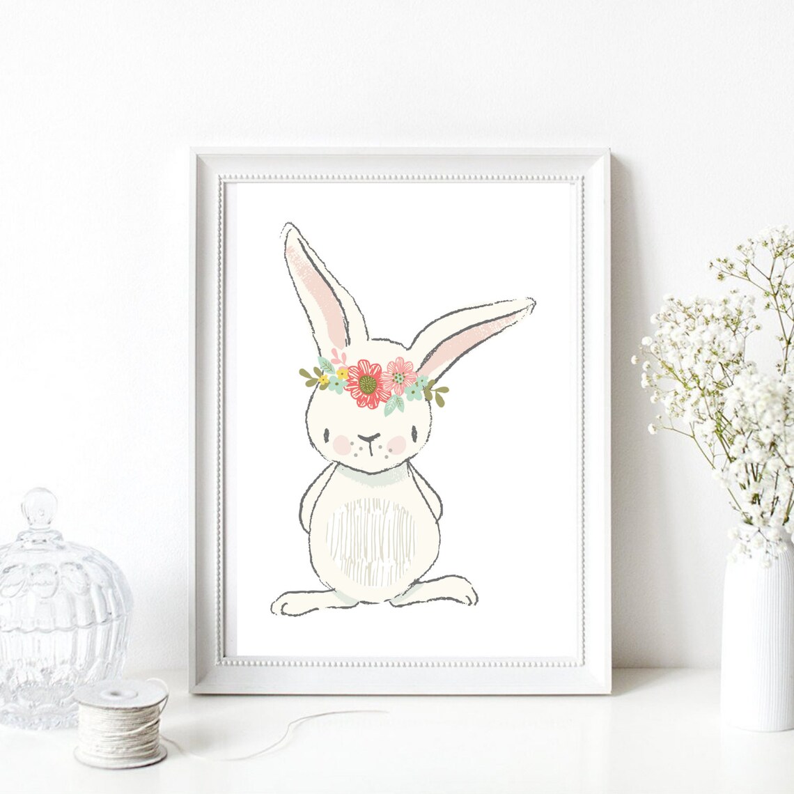 Cute Bunny Rabbit With Flower Crown Nursery Baby Room Art Print