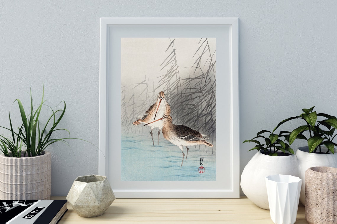 Two Snipes Marsh Reeds Japanese Woodblock Style Bird Art Print