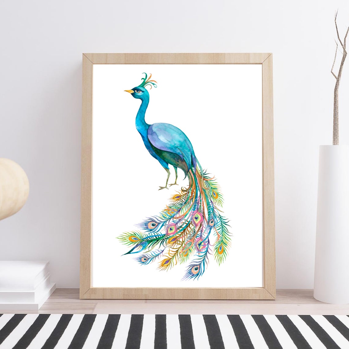 Colorful Peacock Profile Long Trailing Tail Feather Watercolor Print - Image 2