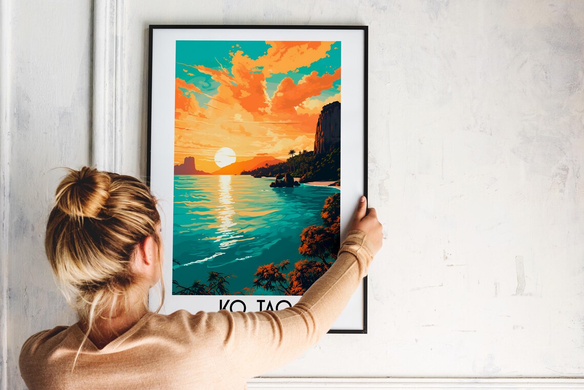 Ko Tao Thailand Sunset Sea Cliffs Tropical Travel Art Poster - Image 2