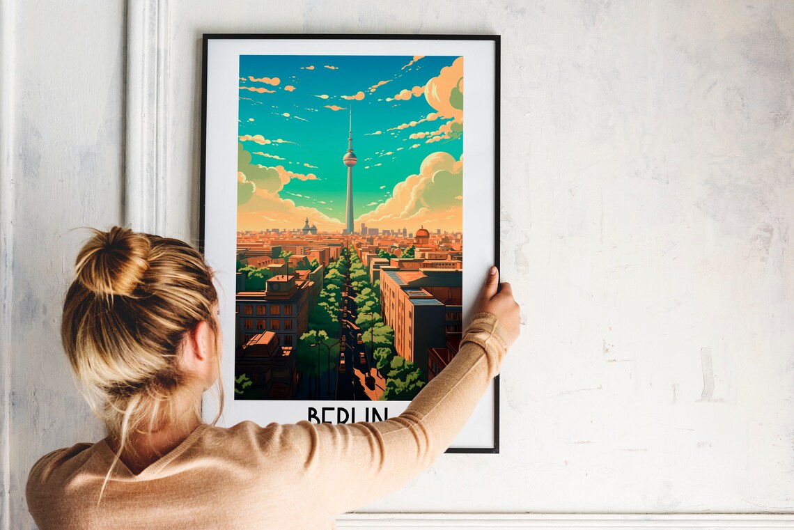 Berlin Germany TV Tower Tree Lined Avenue Vintage Travel Art Poster - Image 2