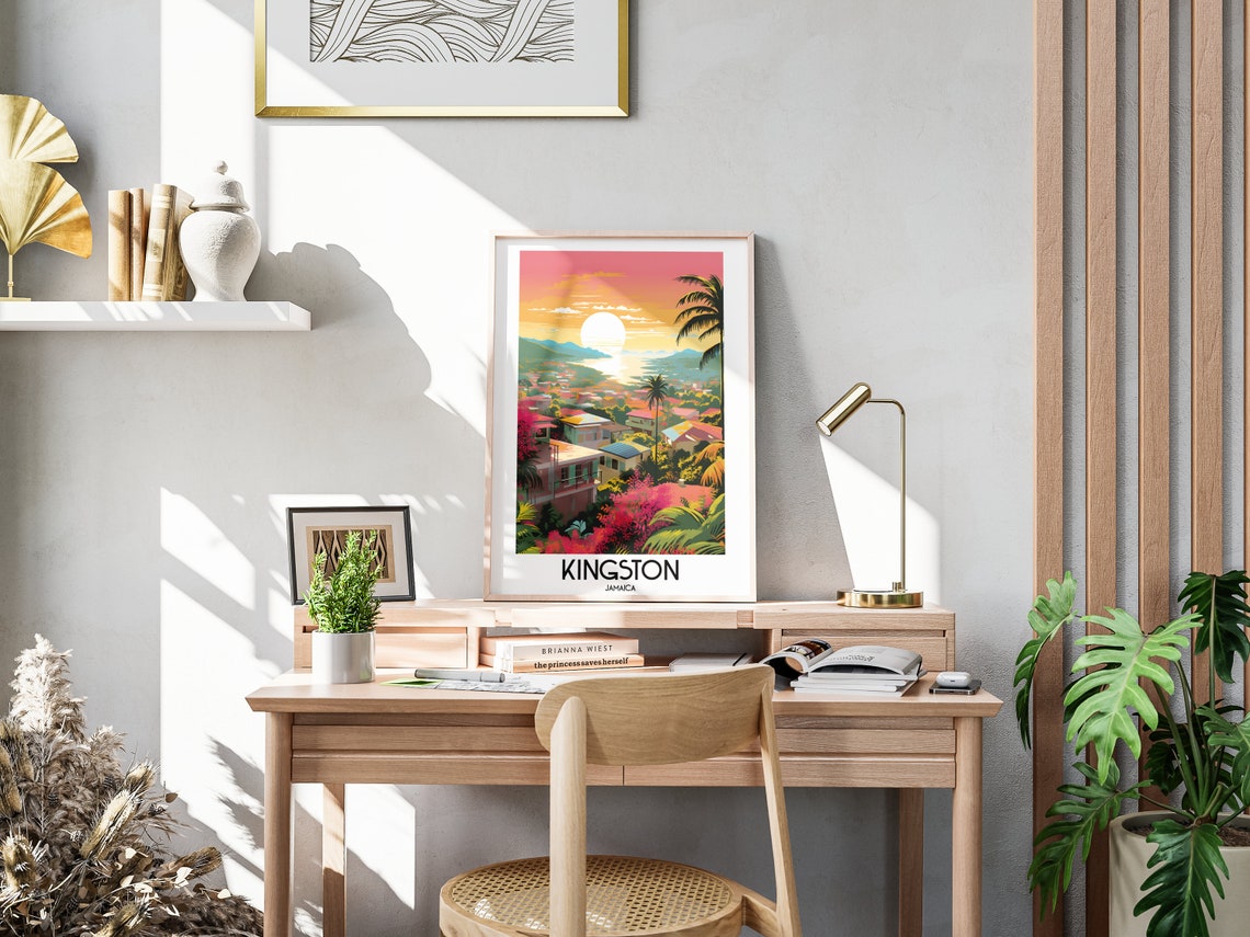 Kingston Sunset Harbor Town Palm Trees Jamaica Travel Poster - Image 3