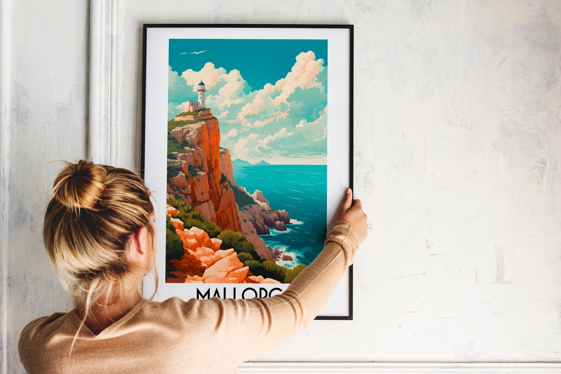 Mallorca Spain Cliff Lighthouse Coastal Scene Vintage Travel Poster - Image 2