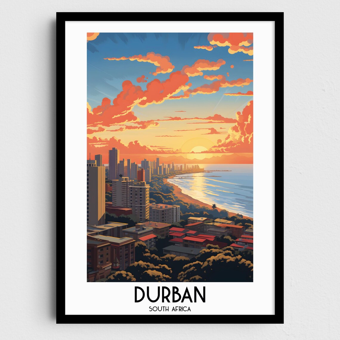 Durban South Africa Beachfront Skyline Sunset Vintage Travel Poster