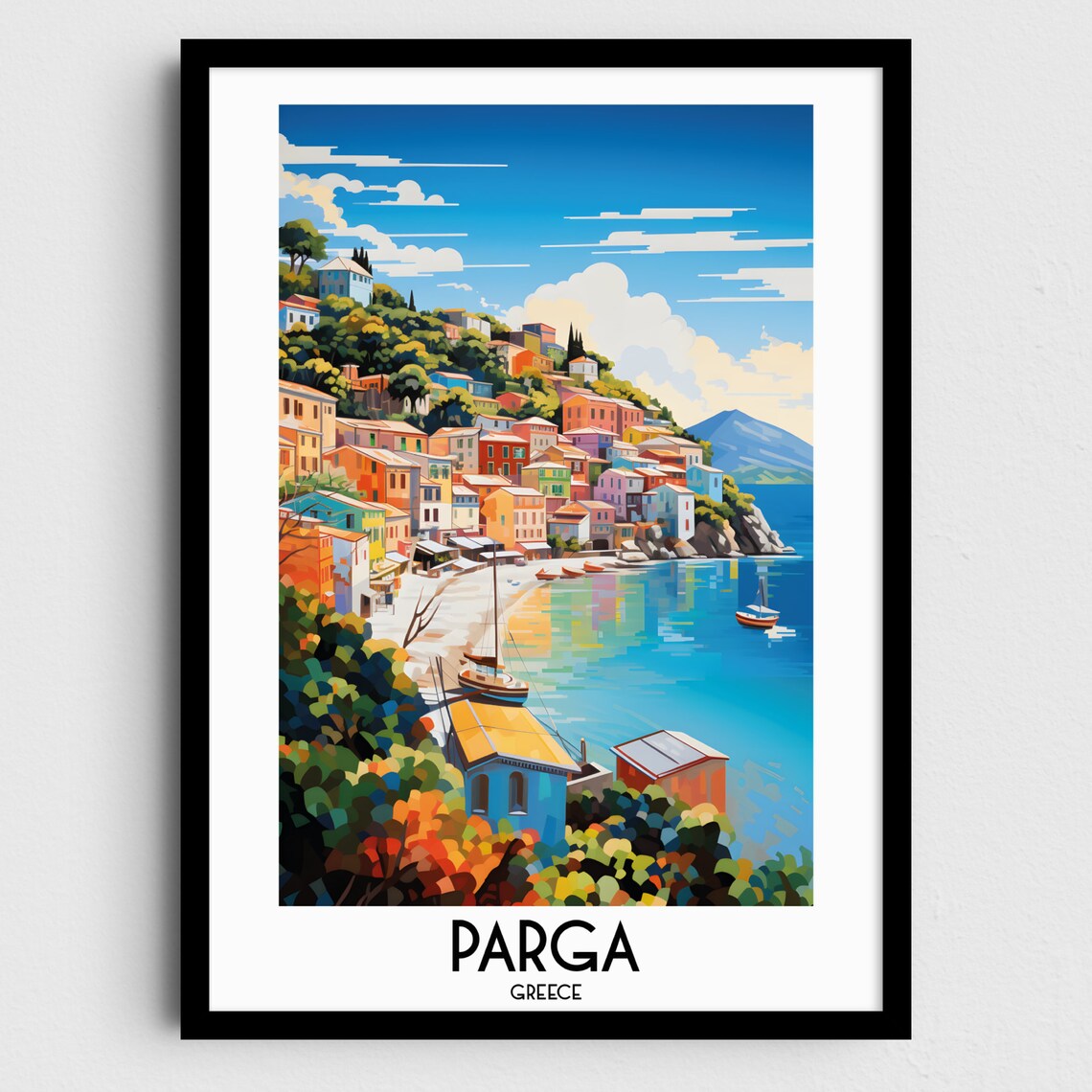 Parga Greece Colorful Coastal Town Harbor Retro Travel Poster Art