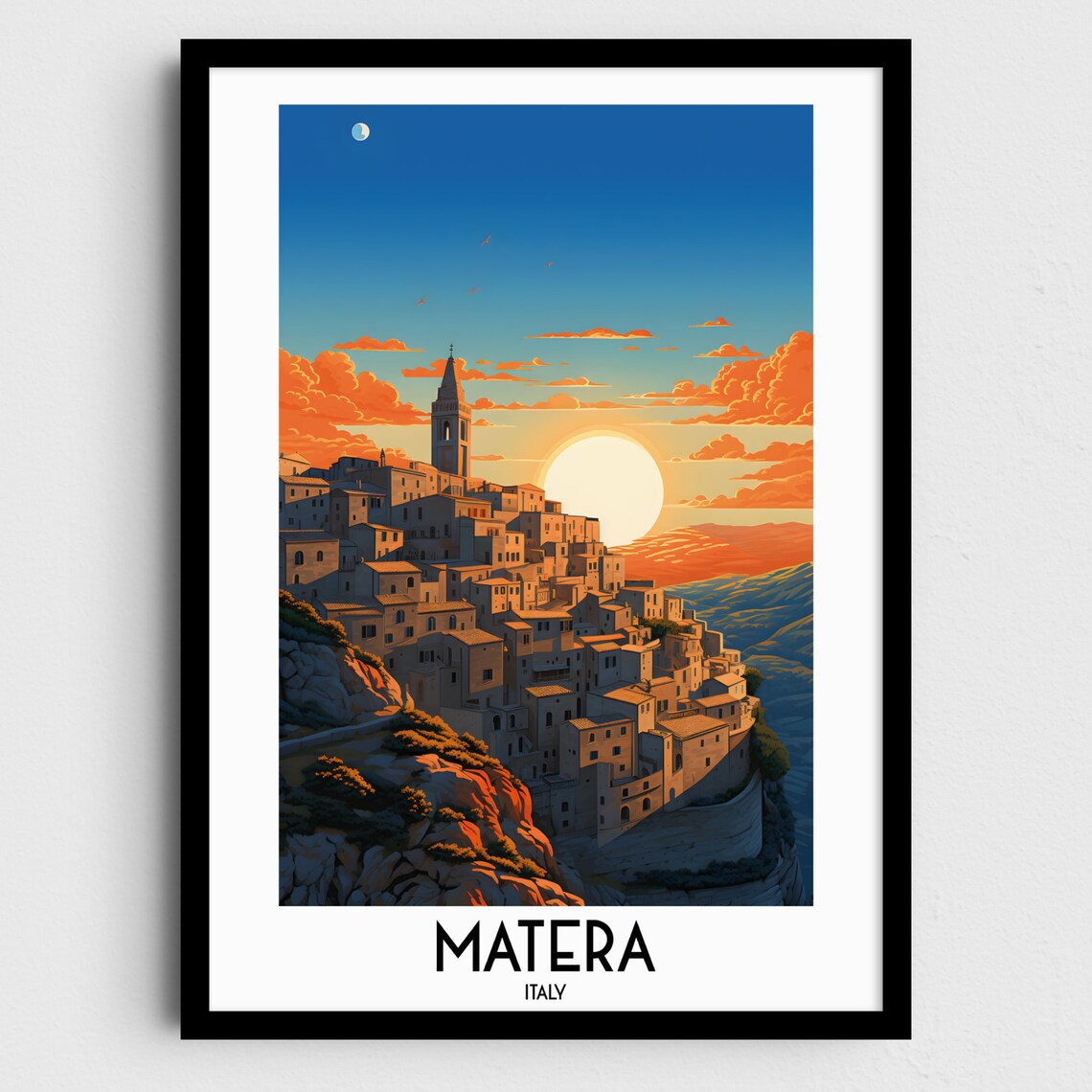Matera Italy Ancient Stone Cliff Town Sunset Moon View Poster