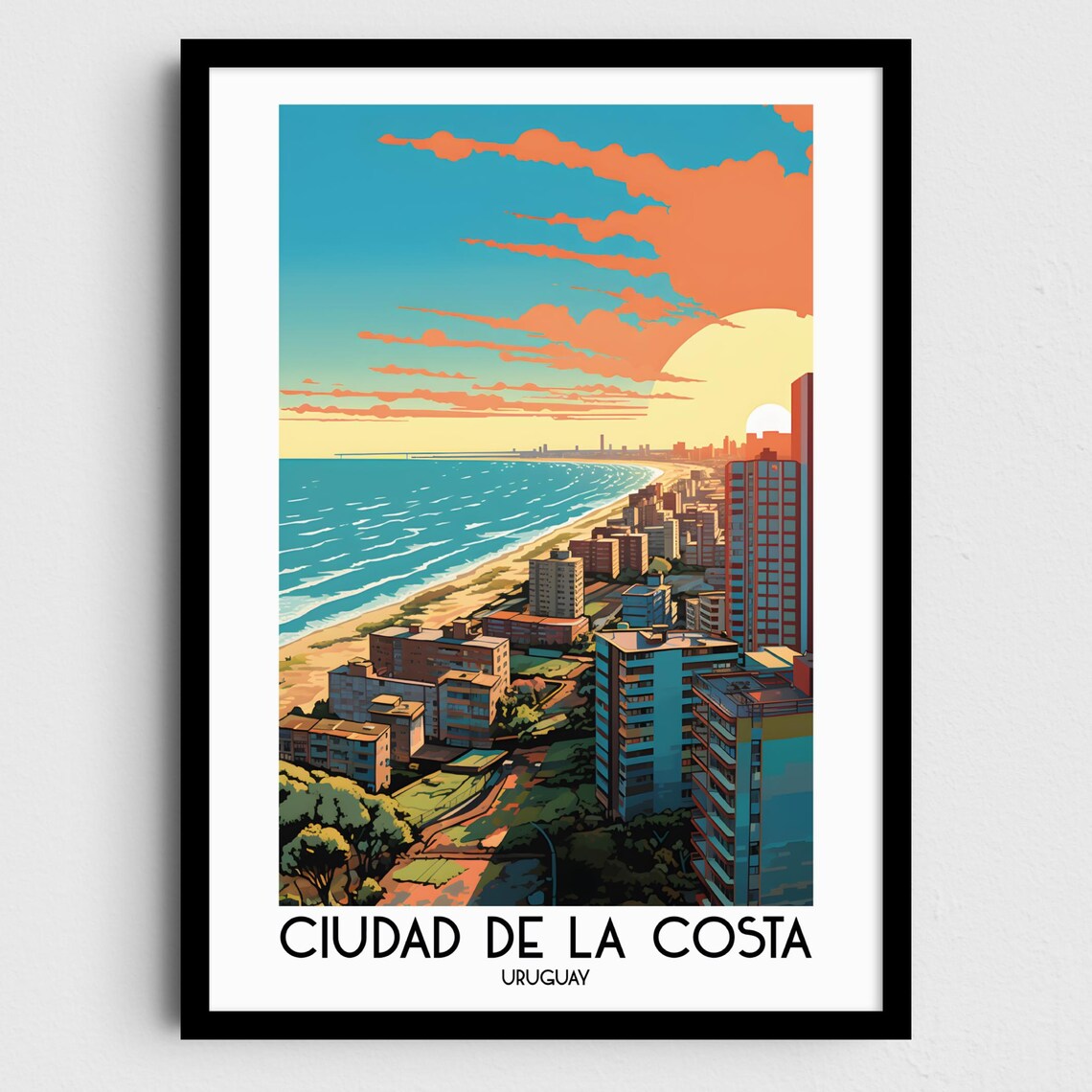Ciudad de la Costa Uruguay Beach Sunset Skyline Travel Poster