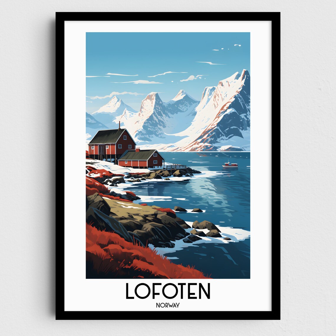 Lofoten Norway Red Cabins Snowy Peaks Fjord Vintage Travel Poster