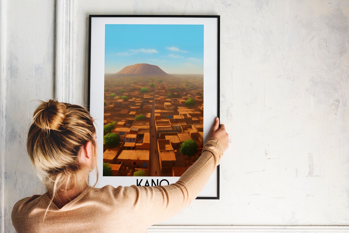 Kano Nigeria Golden Mud Brick Town and Rocky Hill Scene Poster - Image 2