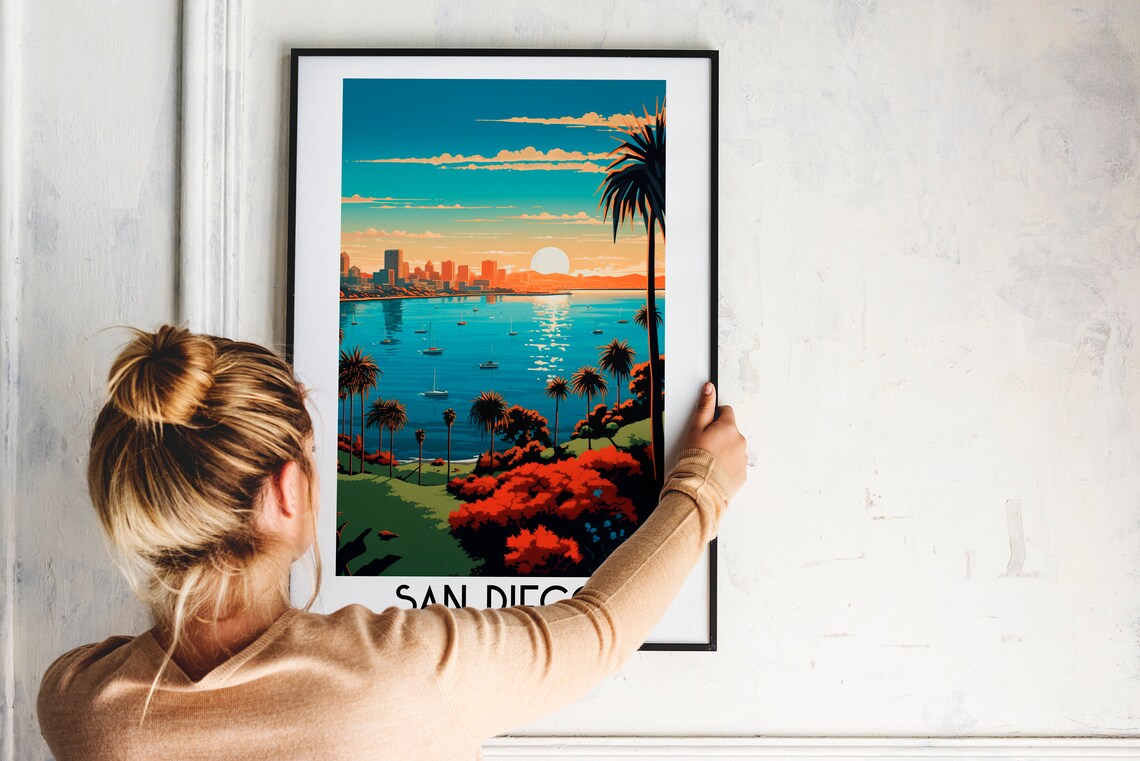 San Diego USA Sunset Bay Palm Trees Retro Vintage Travel Poster - Image 2