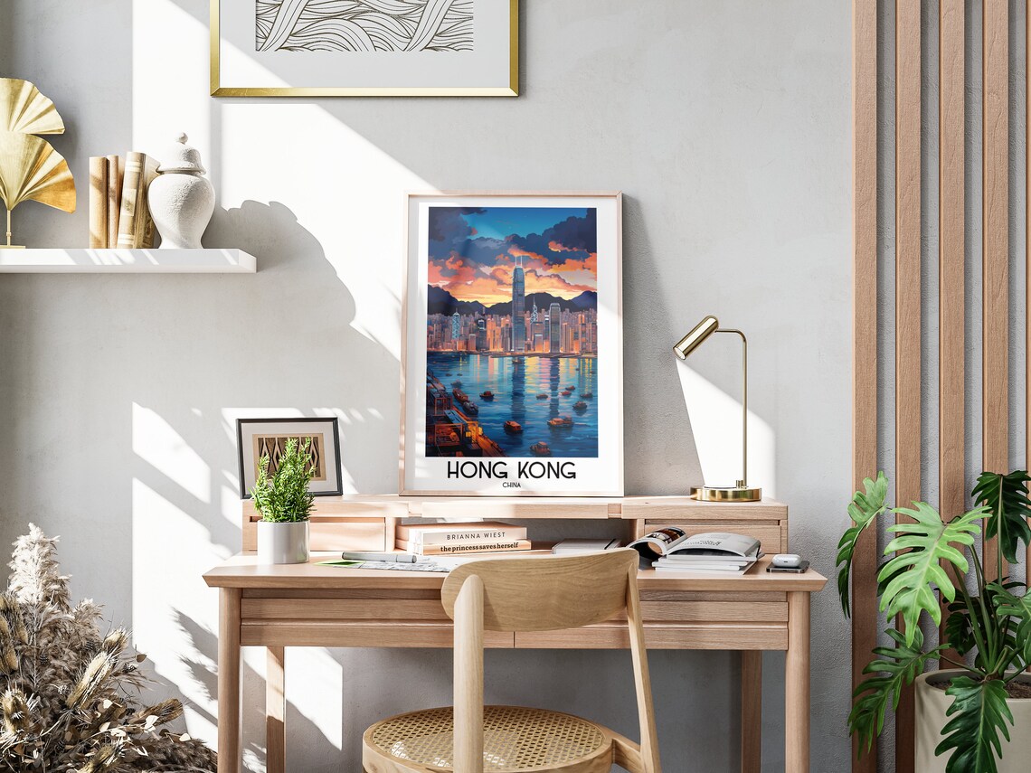 Hong Kong China Victoria Harbour Skyline Sunset Night Lights Poster - Image 3