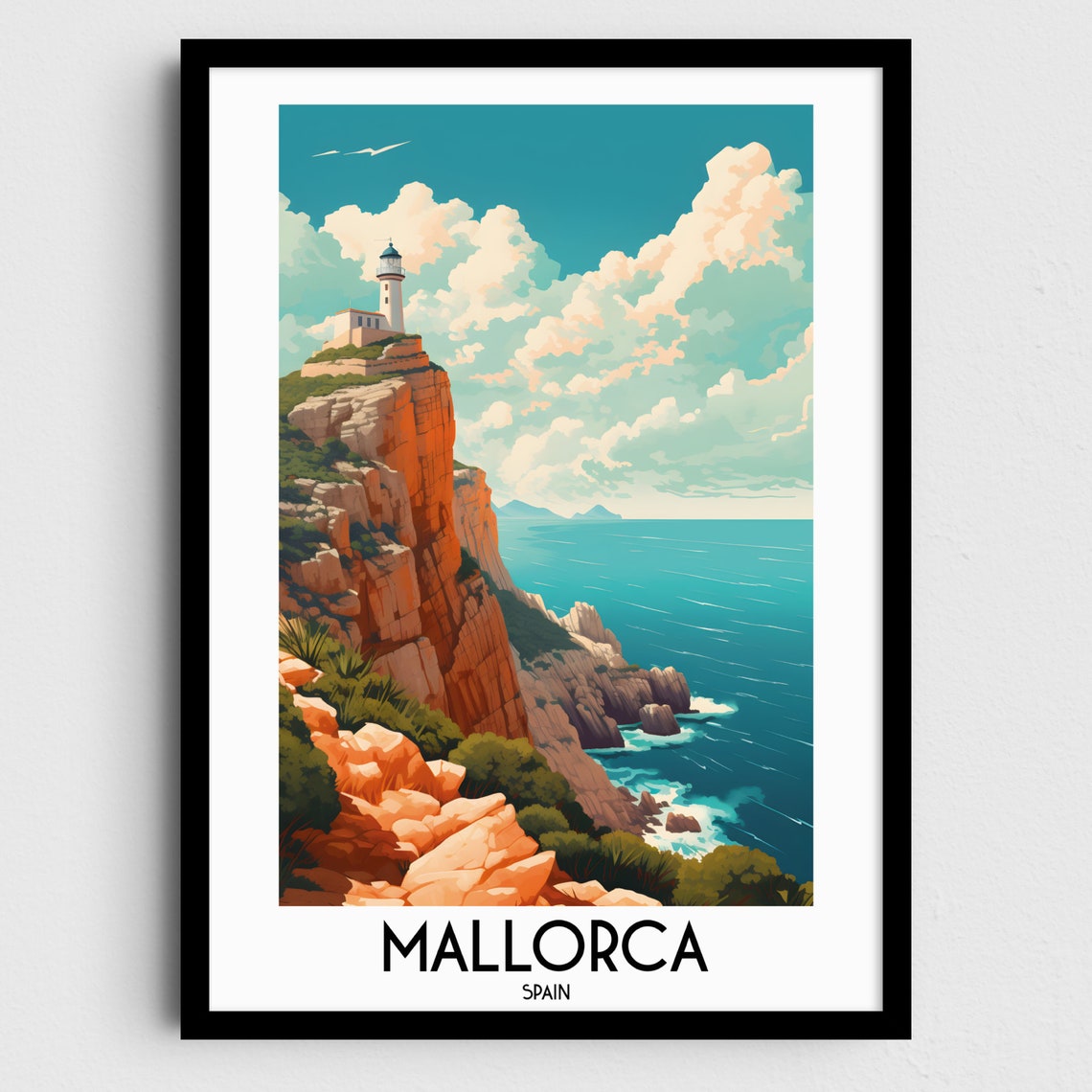 Mallorca Spain Cliff Lighthouse Coastal Scene Vintage Travel Poster