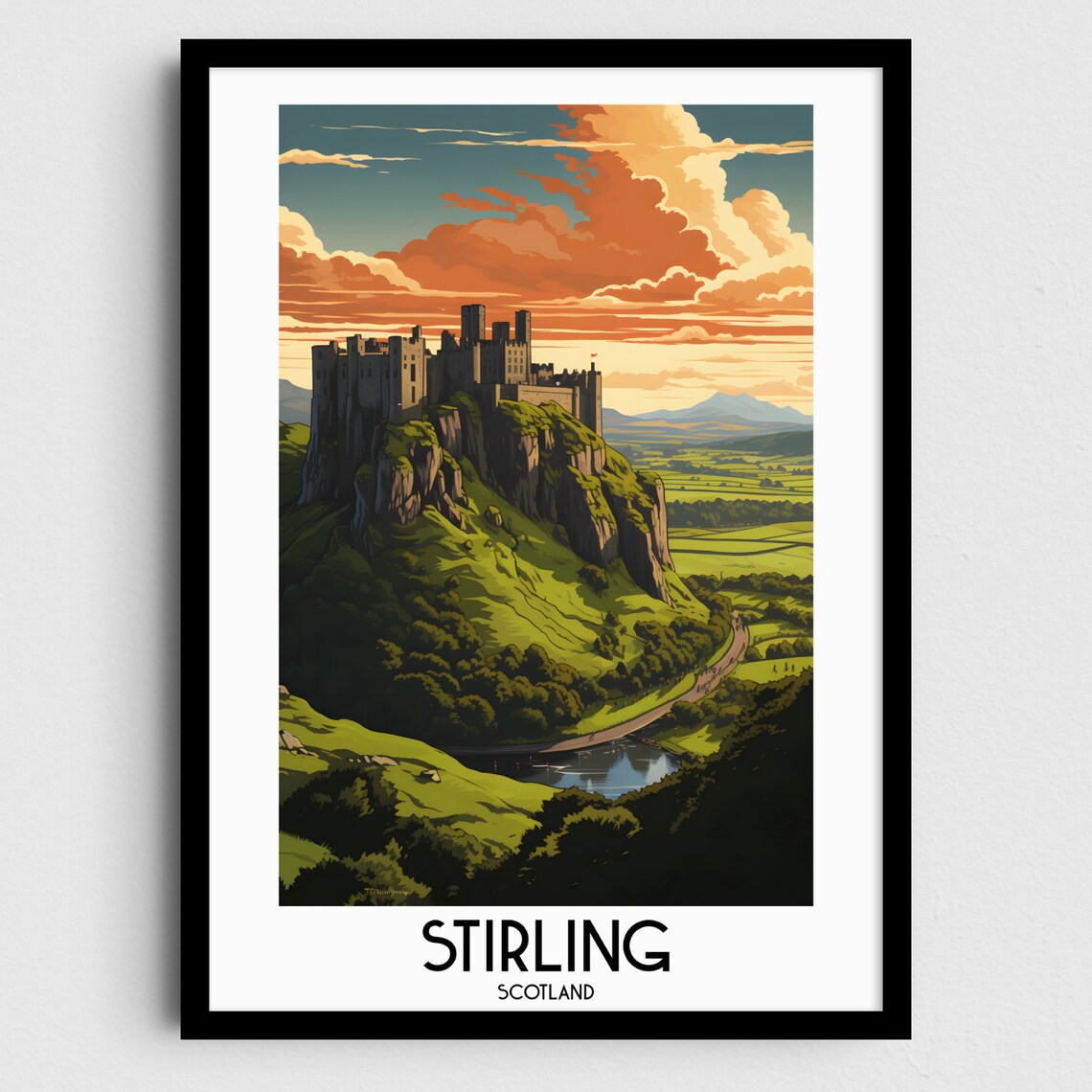 Stirling Castle Scotland Hilltop Fortress Sunset Vintage Travel Poster