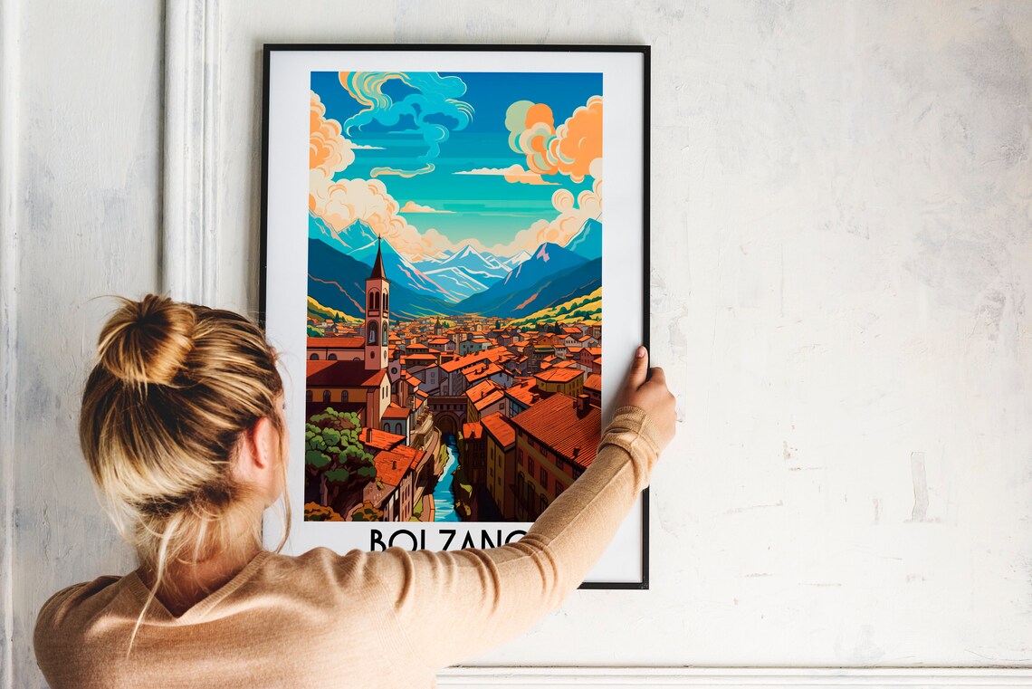 Bolzano Italy Alpine Town Church Spire Mountain Peaks Travel Poster - Image 2
