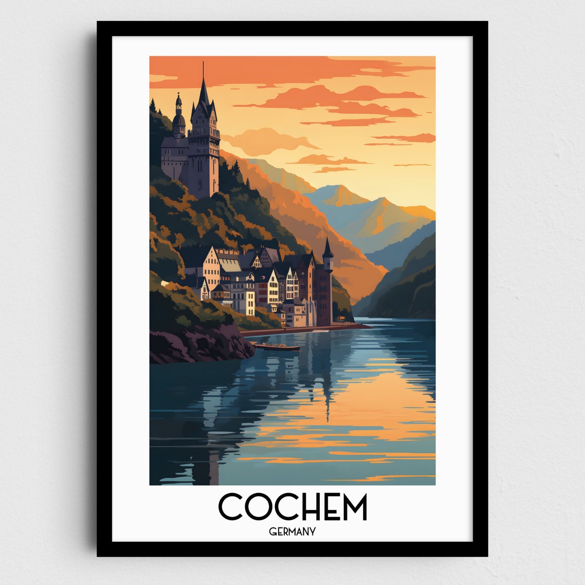 Cochem Germany Riverside Castle Sunset Old Town Travel Poster