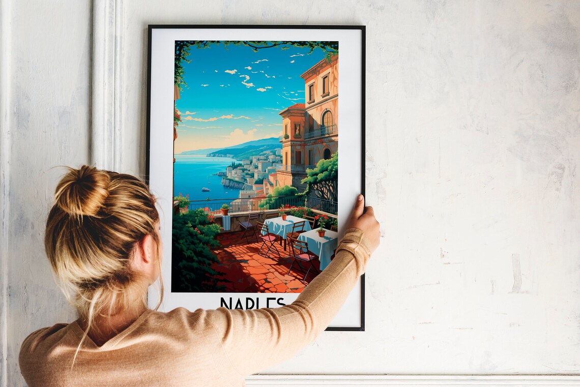 Naples Italy Terrace Sea View Cafe Vintage Travel Art Poster - Image 2