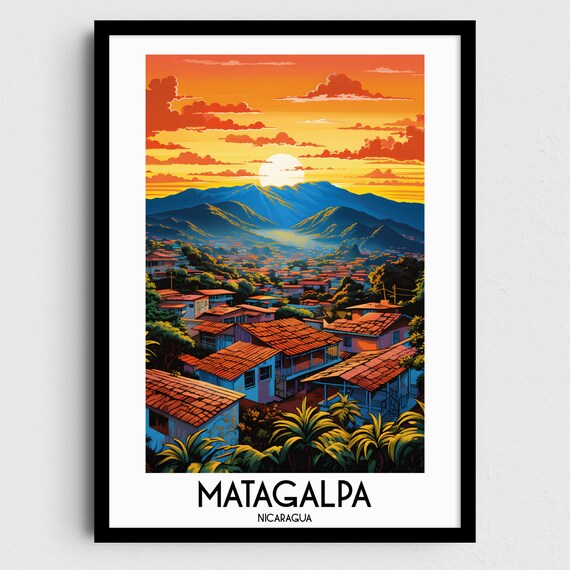 Matagalpa Hillside Town Red Tile Roofs Fiery Sunset Nicaragua Travel Poster