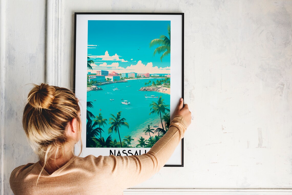 Nassau Turquoise Harbor Sailboats Palm Beach Bahamas Vintage Poster - Image 2