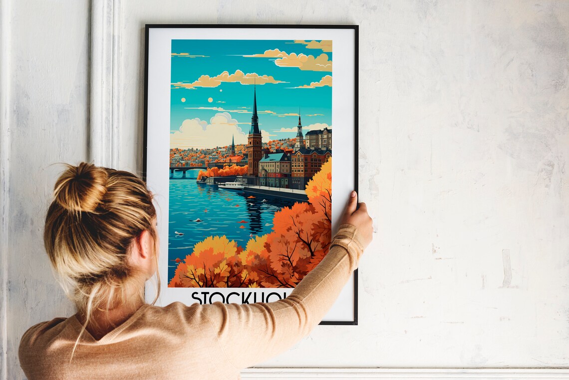 Stockholm Sweden Autumn Waterfront Church Spire Travel Poster - Image 2