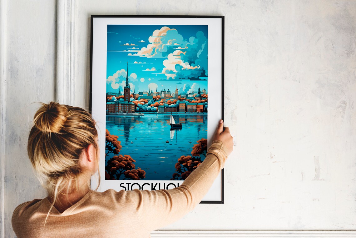 Stockholm Sweden Sailboat Harbor Autumn Skyline Travel Art Poster - Image 2