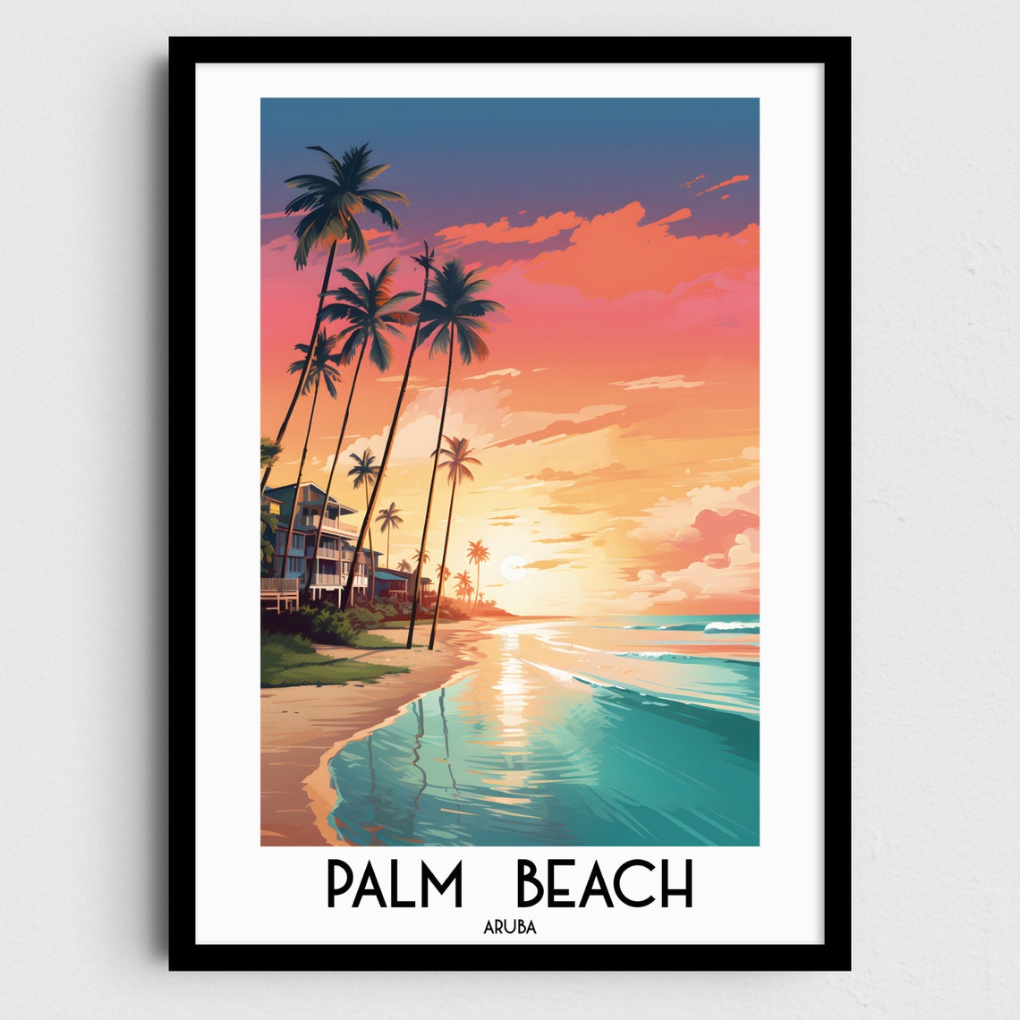 Palm Beach Aruba Golden Sunset Shore Palms Ocean Waves Poster
