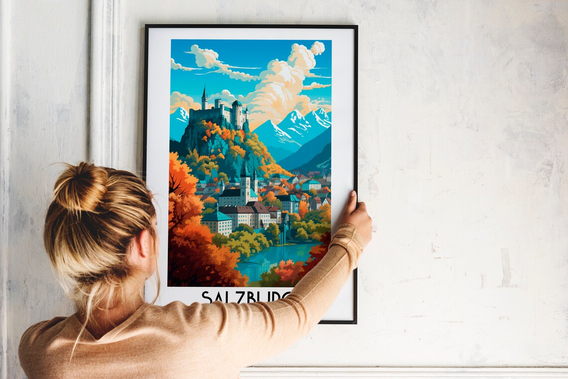 Salzburg Austria Hilltop Castle Autumn Valley Alpine Travel Poster - Image 2