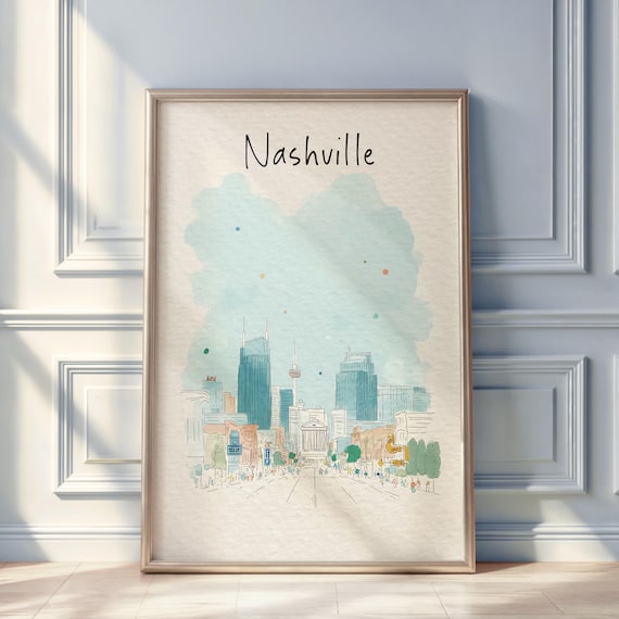 Nashville Watercolor Skyline Poster Music City Downtown Minimal Art