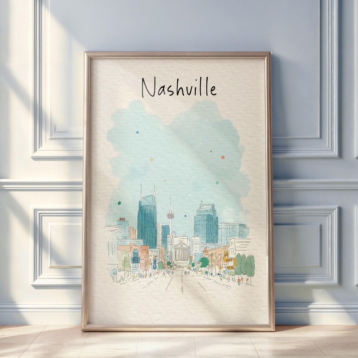 Nashville Watercolor Skyline Poster Music City Downtown Minimal Art