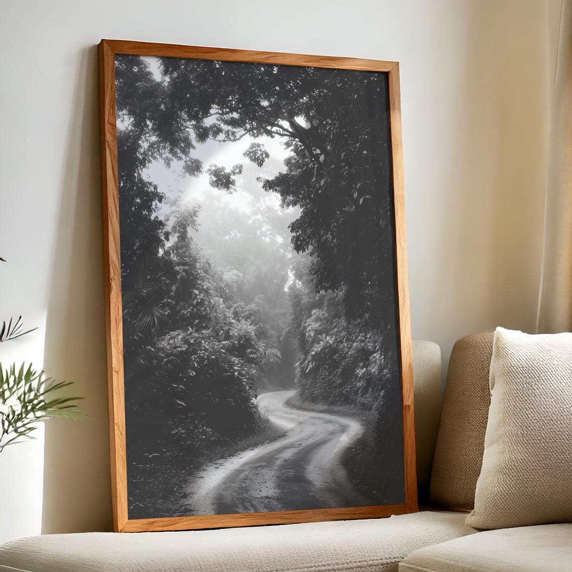 Black and White Misty Jungle Road Foggy Forest Photography Poster