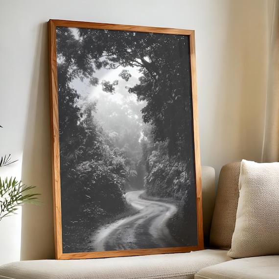 Black and White Misty Jungle Road Foggy Forest Photography Poster