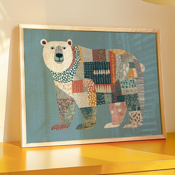 Patchwork Polar Bear Scandinavian Folk Nursery Animal Art Poster