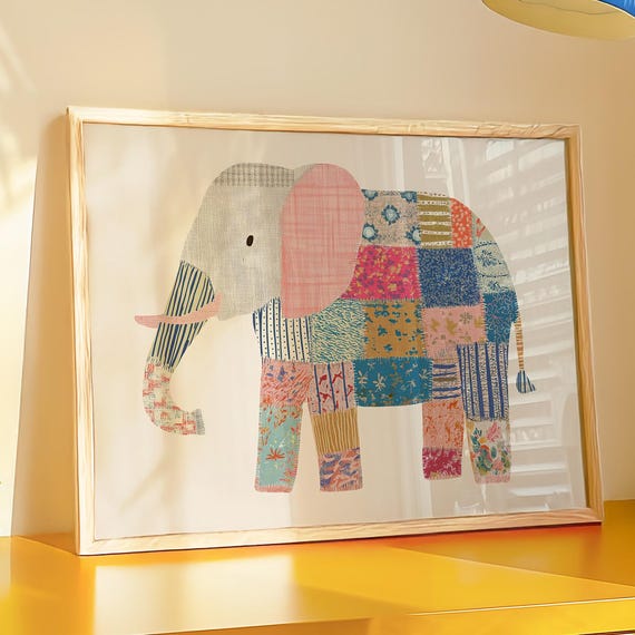 Patchwork Elephant Art Poster Boho Nursery Wall Decor Instant In Multiple Sizes