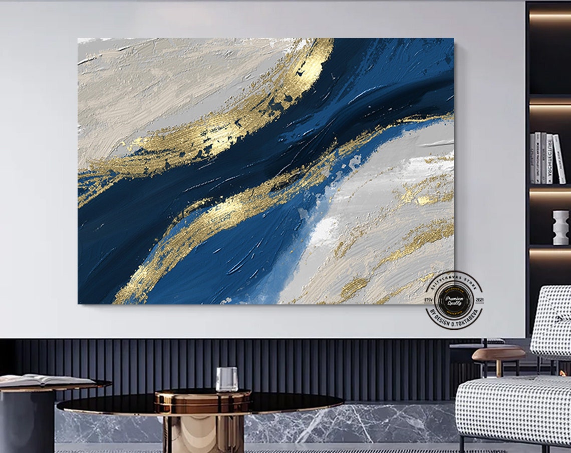 Abstract Navy Blue Gold White Marble Swirl Modern Art Poster