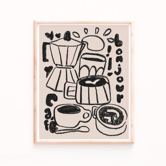 Bonjour Coffee Print Neutral Wall Art Coffee Prints Poster Drawing Oil Pastel Kitchen Art Coffee Bar Art Sabina Fenn