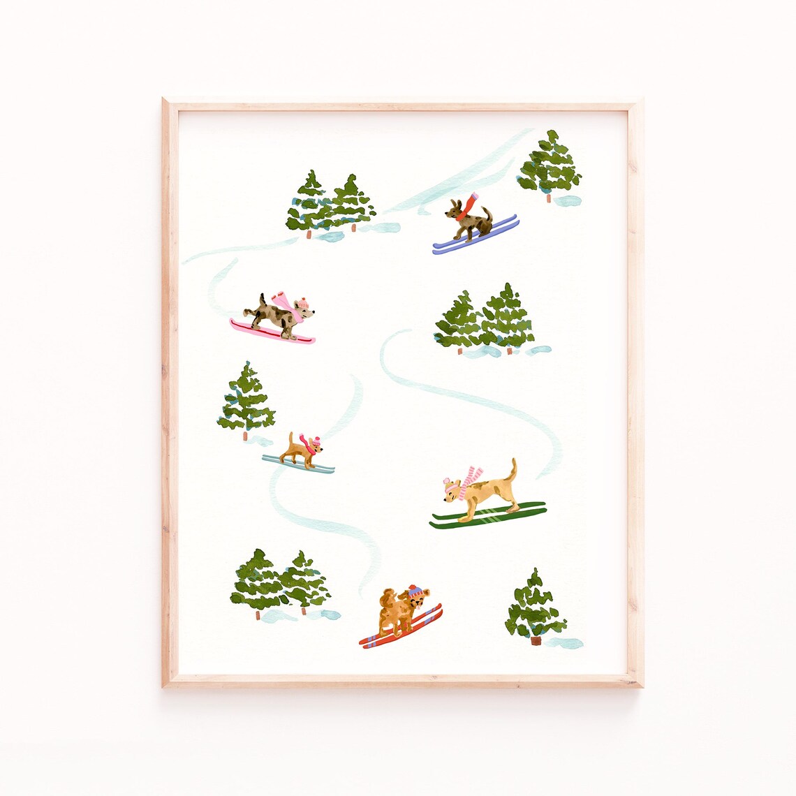 Skiing Dogs Cute Winter Art Print, Boho Christmas