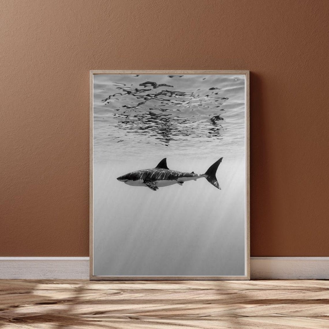 Great White Shark Underwater Black White Ocean Photography Wall Art