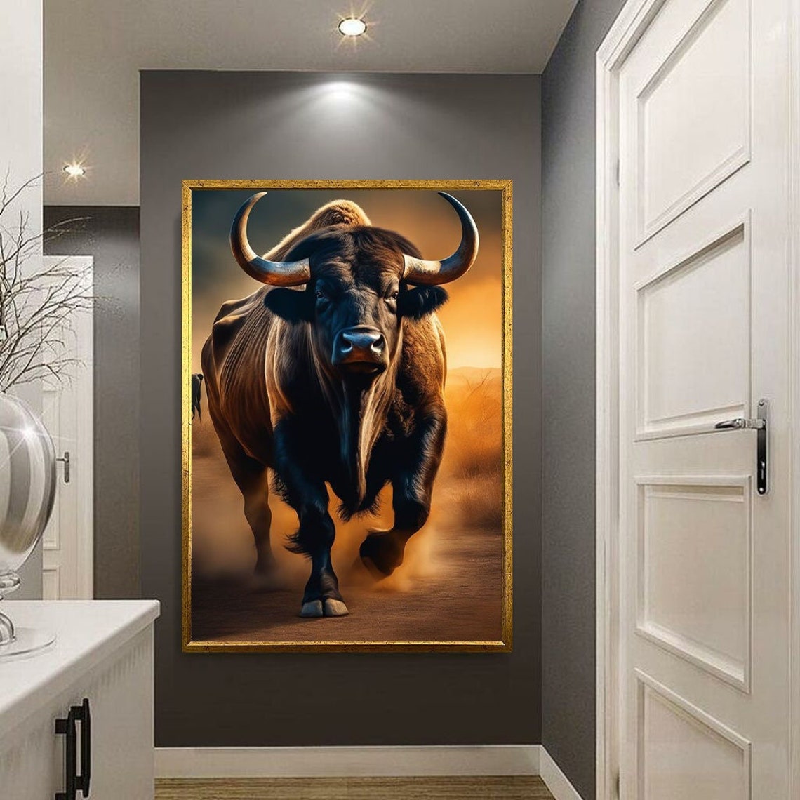 Charging Bull Golden Hour Dust Storm Powerful Wild Animal Art Poster