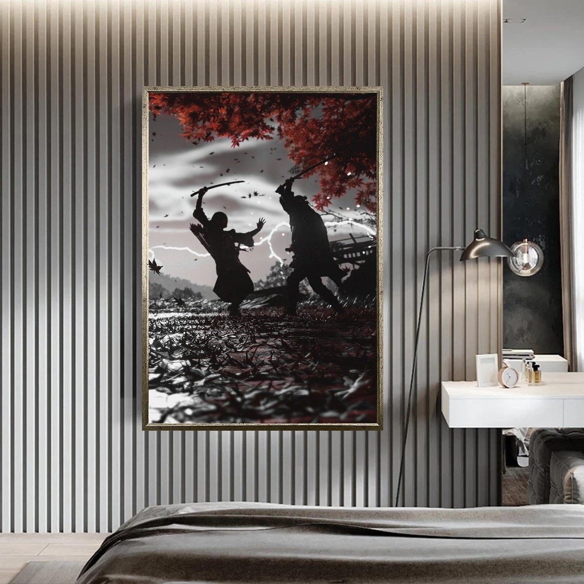 Red Full Moon Samurai Man, Wall Decor