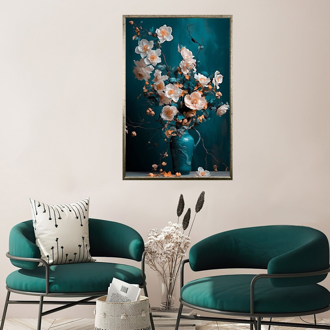 White Blossom Vase Teal Floral Still Life Elegant Flower Poster