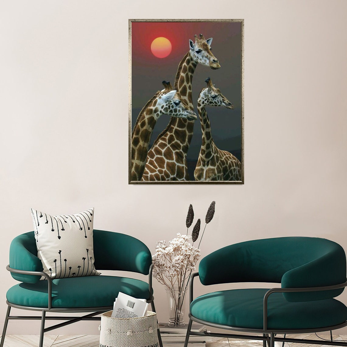 Giraffe Family Red Sunset Savanna Wildlife Photography Wall Art