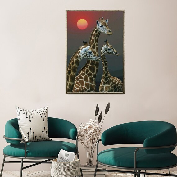 Giraffe Family Red Sunset Savanna Wildlife Photography Wall Art