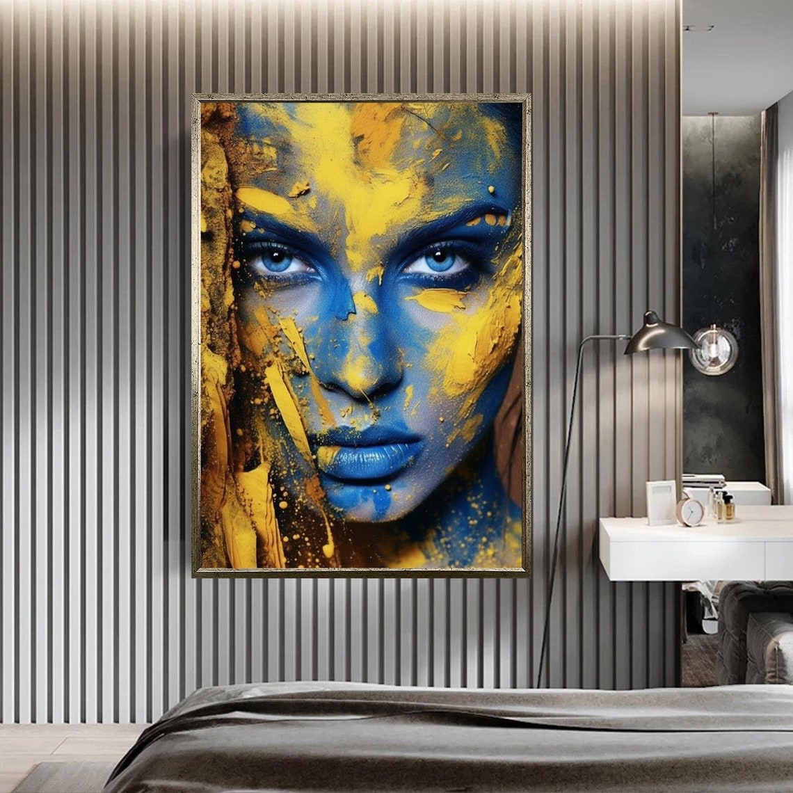 Abstract Woman Face Blue Gold Paint Splash Modern Wall Art Print