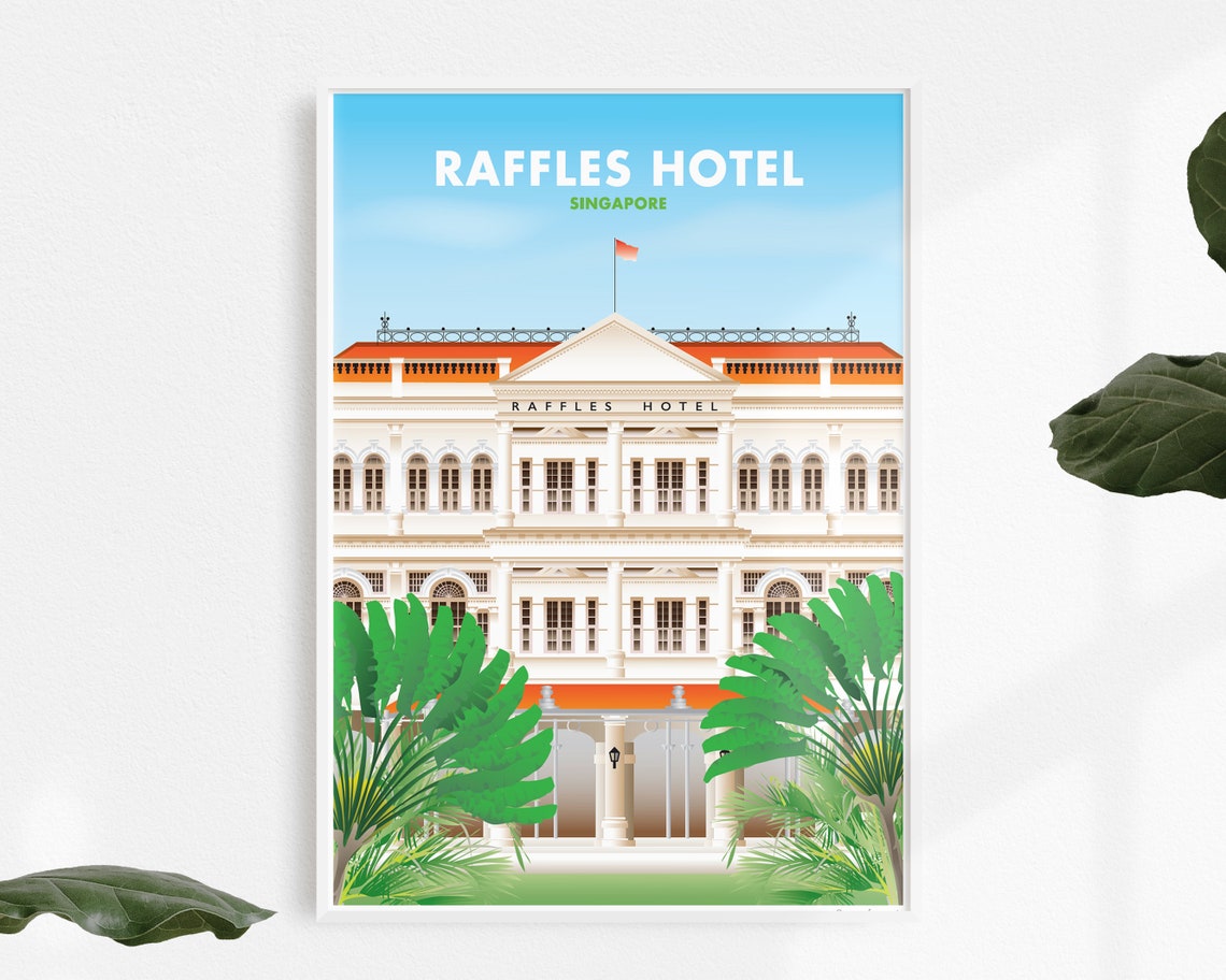 Raffles Hotel Singapore Colonial Landmark Illustration Poster