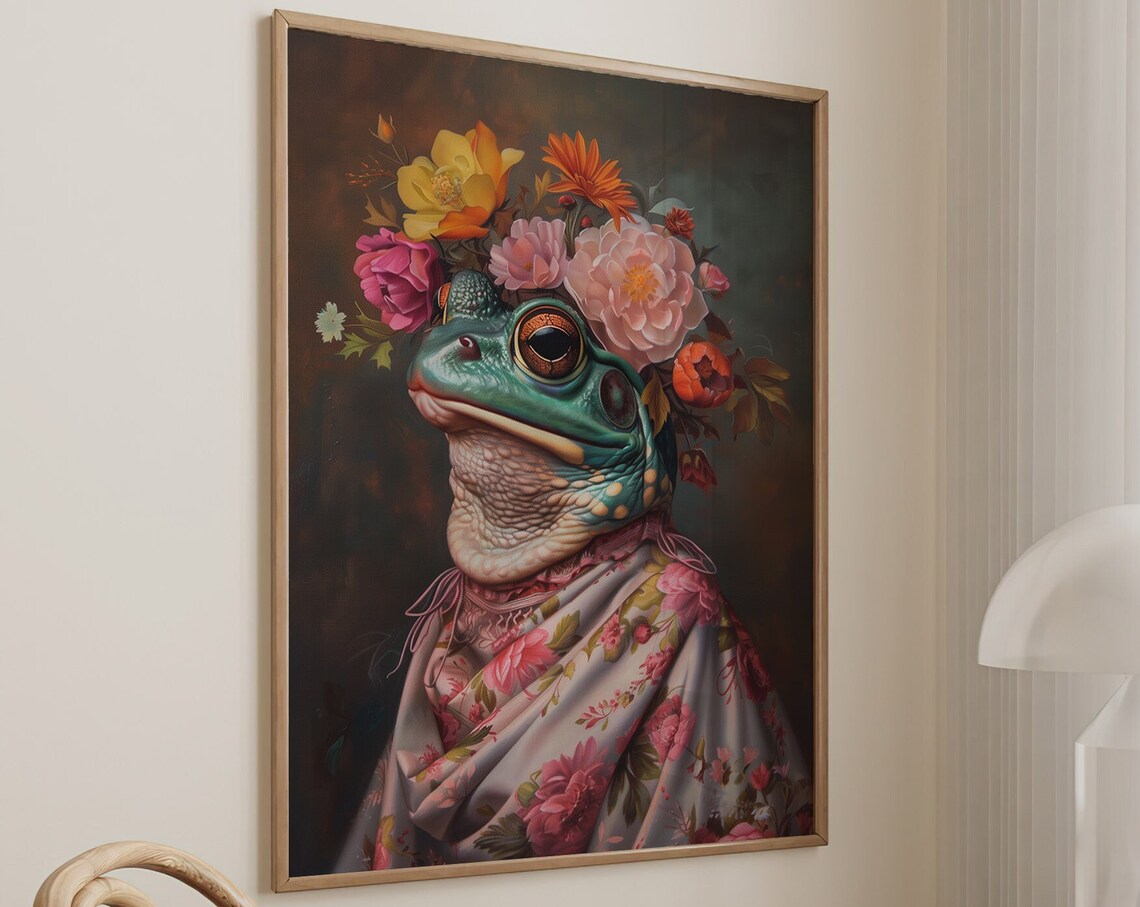 Frog Wearing Flower Crown and Floral Robe Whimsical Art Print