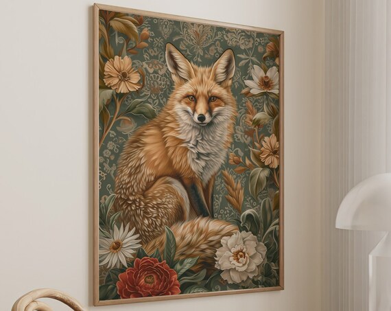 Red Fox Portrait Facing Forward With Cream Daisies on Green Art Poster