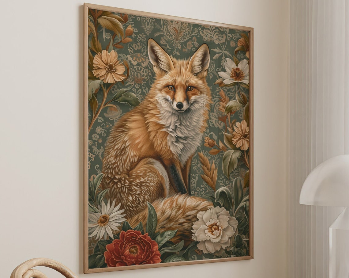 Red Fox Portrait Facing Forward With Cream Daisies on Green Art Poster