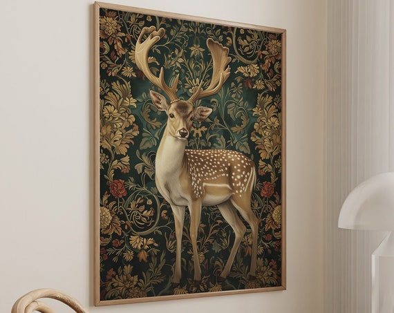 William Morris Inspired Deer Art Print, Nature Motif