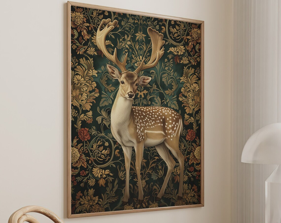 William Morris Inspired Deer Art Print, Nature Motif