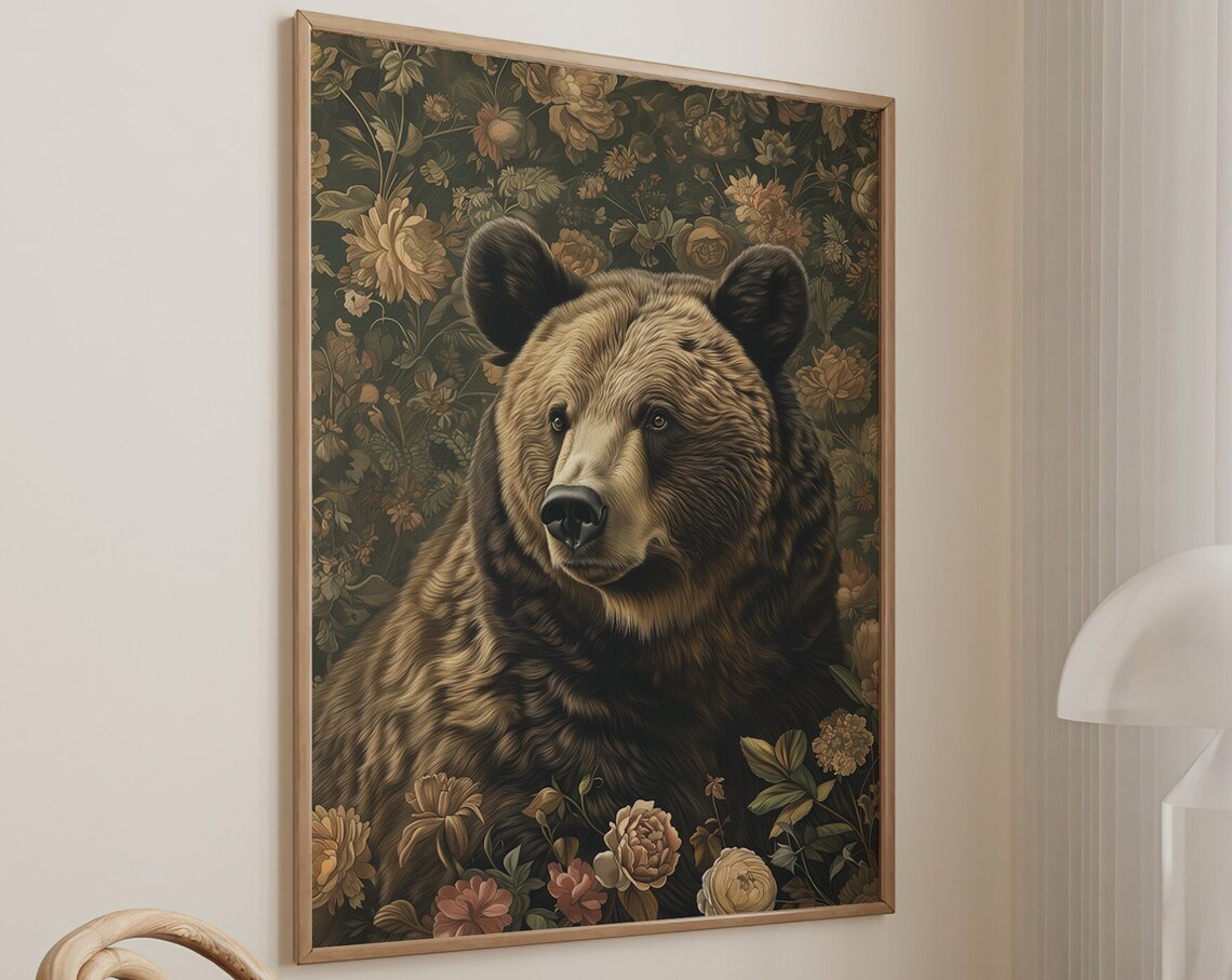 Brown Bear Portrait Golden Floral Vintage Botanical Art Poster
