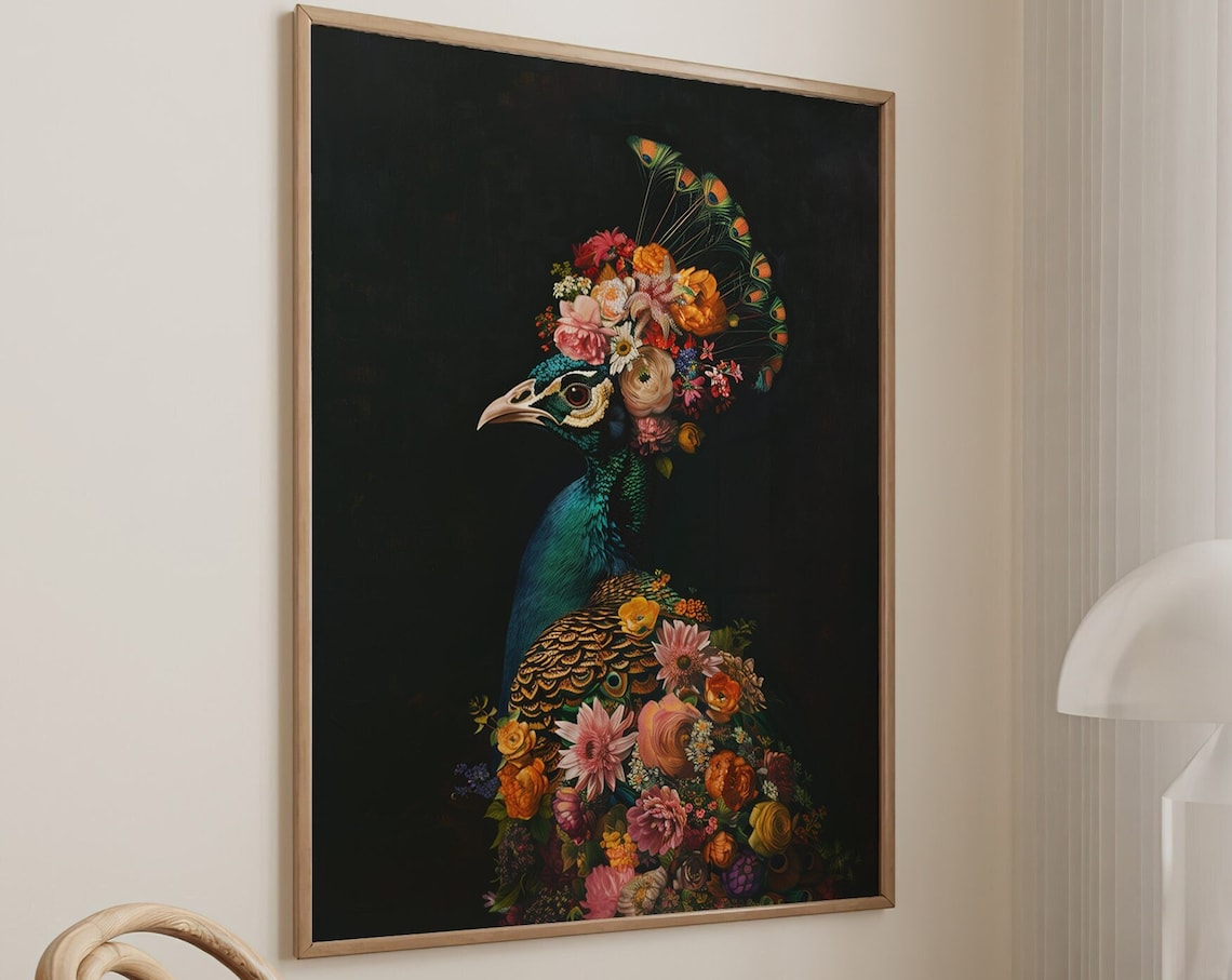 Peacock Maximalist Eclectic Animal Portrait Art Print - Image 4